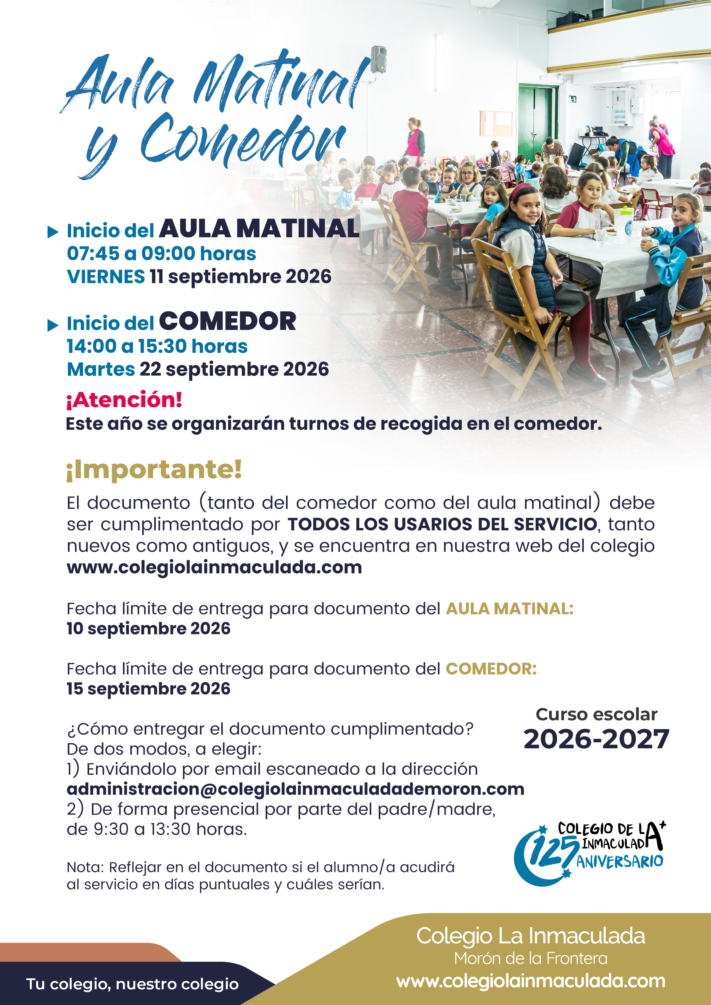 Horarios de atención para AULA MATINAL Y COMEDOR.
